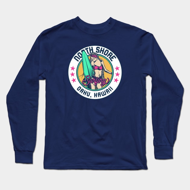 Retro Surfer Babe Badge North Shore Oahu Hawaii Long Sleeve T-Shirt by Now Boarding